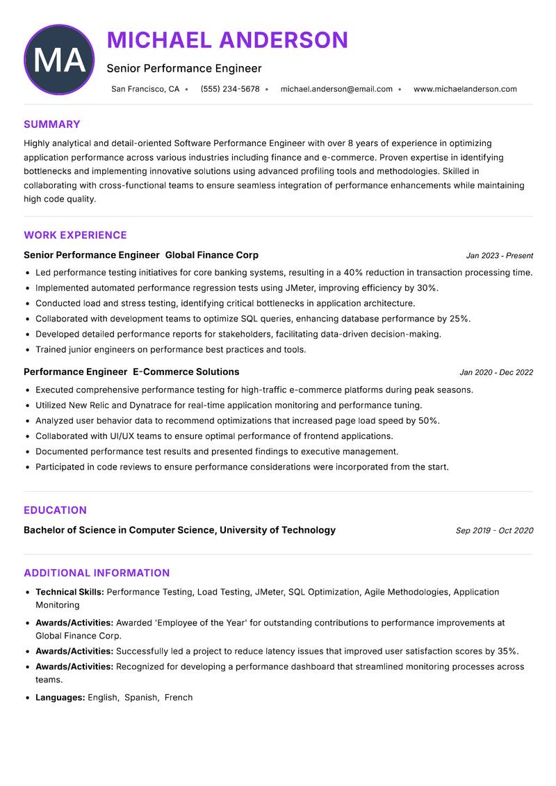 Software Performance Engineer resume example — ATS-friendly template