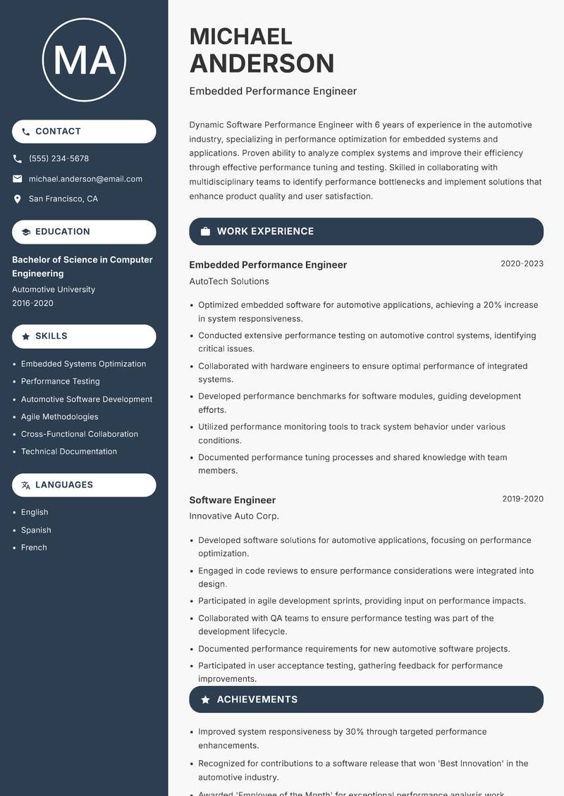 Software Performance Engineer resume template — Compact
