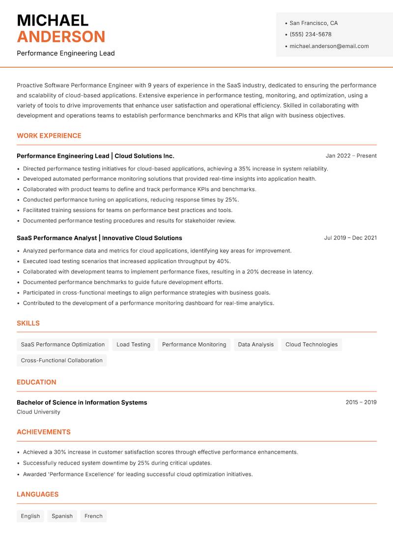 Software Performance Engineer resume template — Modern Professional