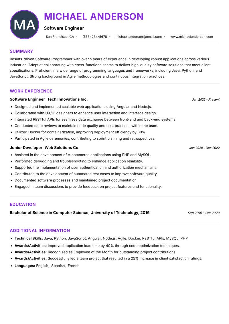 Software Programmer resume example — ATS-friendly template