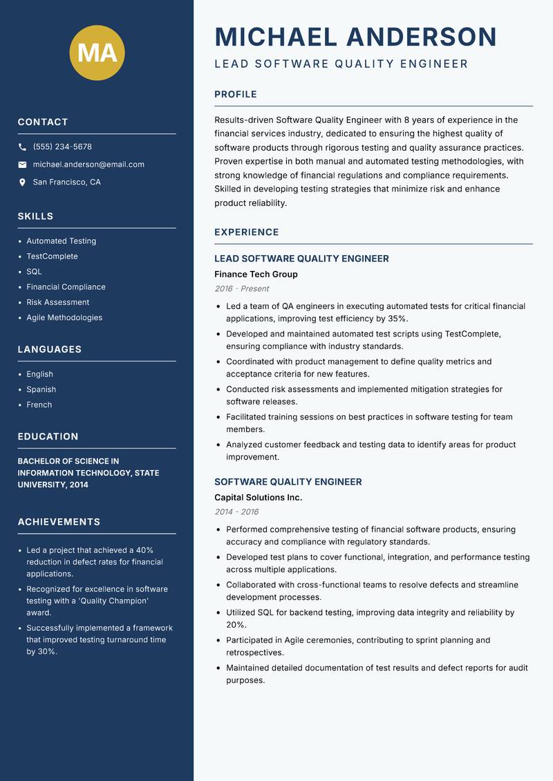 Software Quality Engineer resume template — Classic Clean