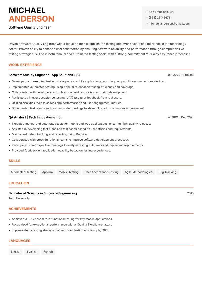 Software Quality Engineer resume template — Modern Professional