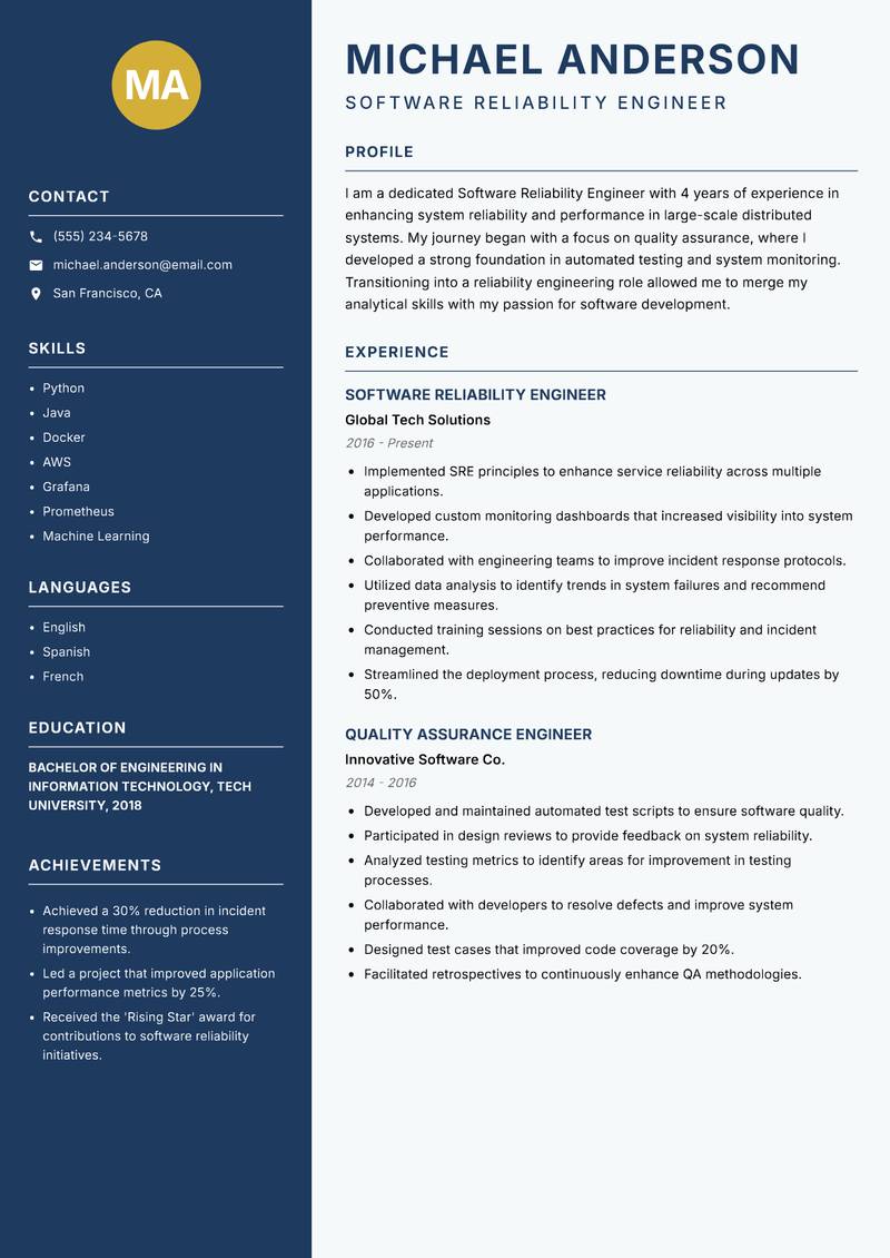 Software Reliability Engineer resume template — Classic Clean
