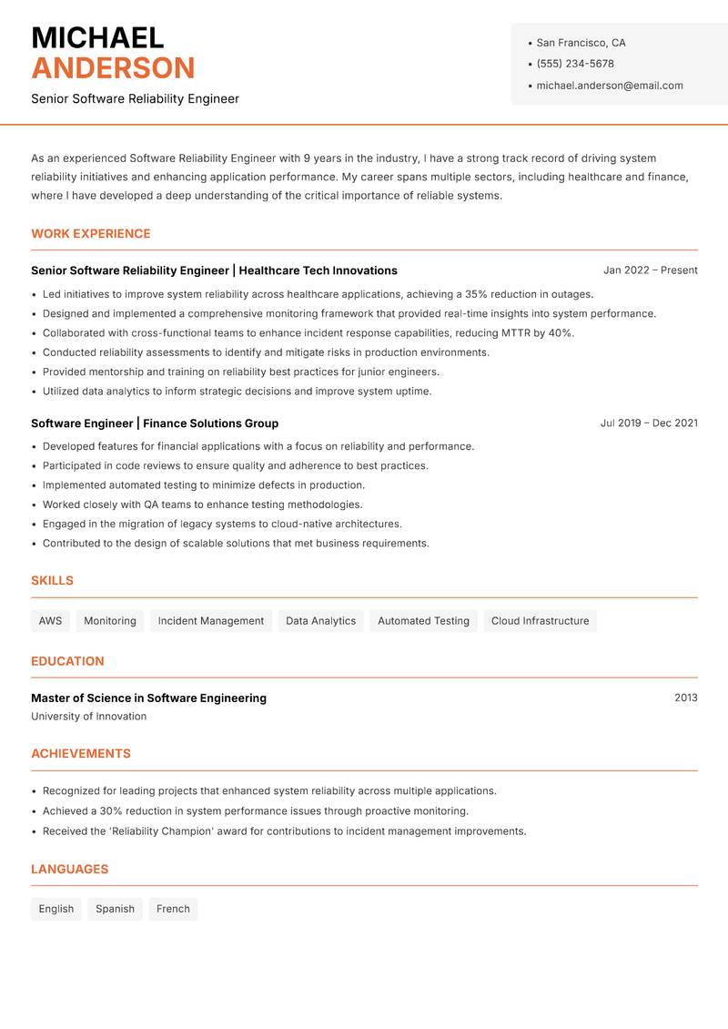 Software Reliability Engineer resume template — Modern Professional