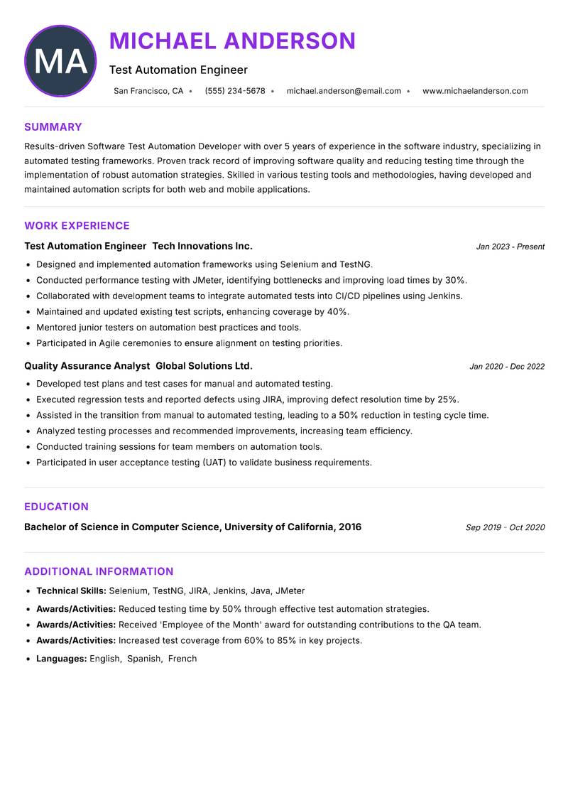 Software Test Automation Developer resume example — ATS-friendly template