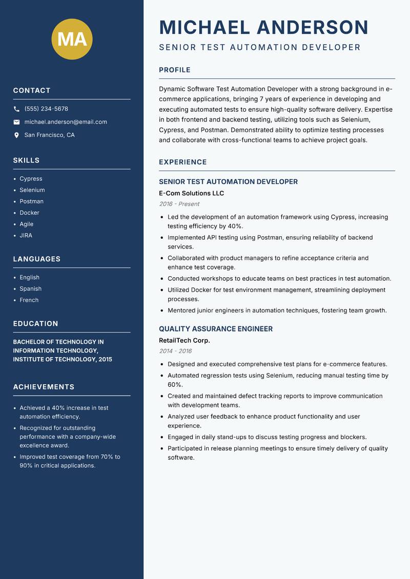 Software Test Automation Developer resume template — Classic Clean