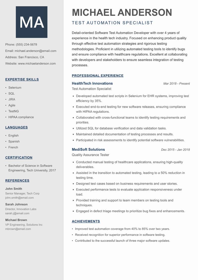 Software Test Automation Developer resume template — Creative Minimal