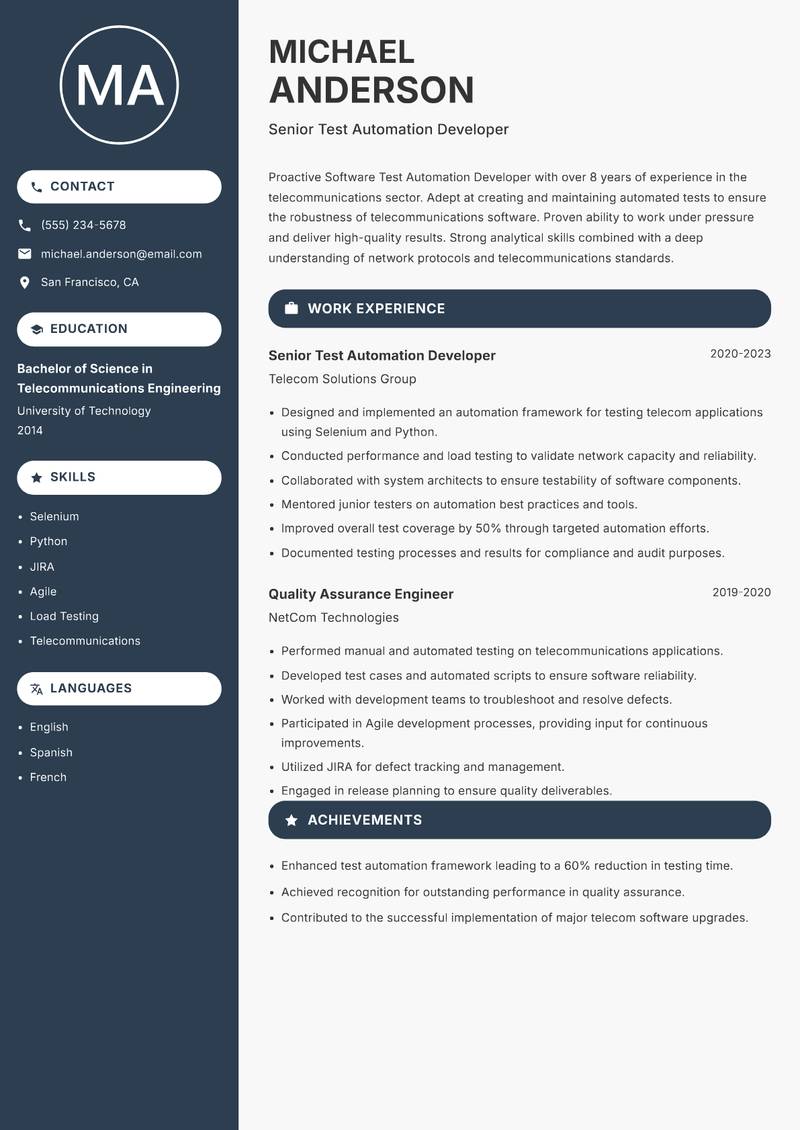 Software Test Automation Developer resume template — Compact