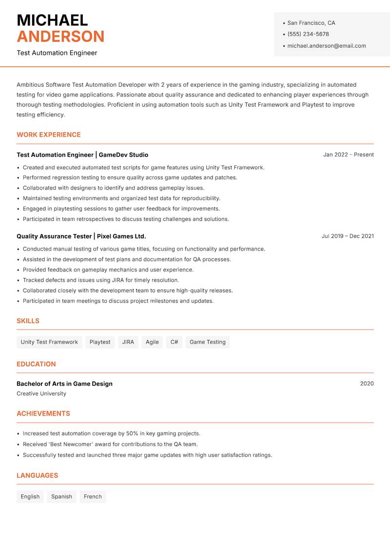 Software Test Automation Developer resume template — Modern Professional