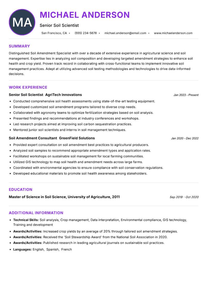Soil Amendment Specialist resume example — ATS-friendly template