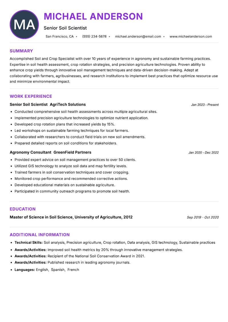 Soil and Crop Specialist resume example — ATS-friendly template