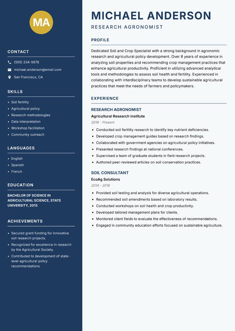 Soil and Crop Specialist resume template — Classic Clean