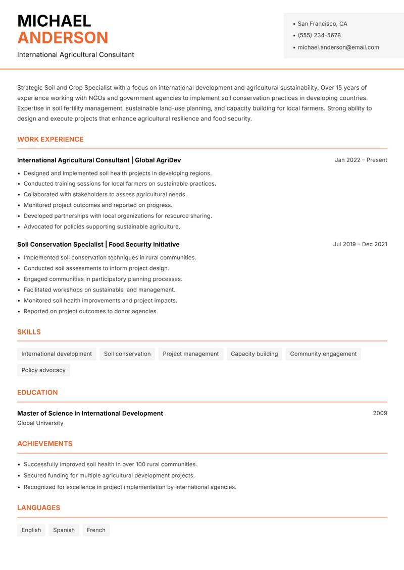 Soil and Crop Specialist resume template — Modern Professional