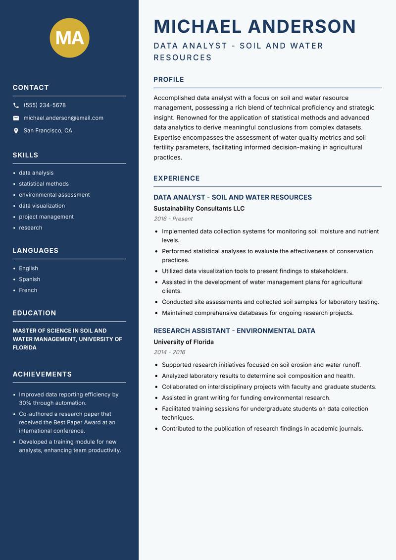 Soil and Water Data Analyst resume template — Classic Clean