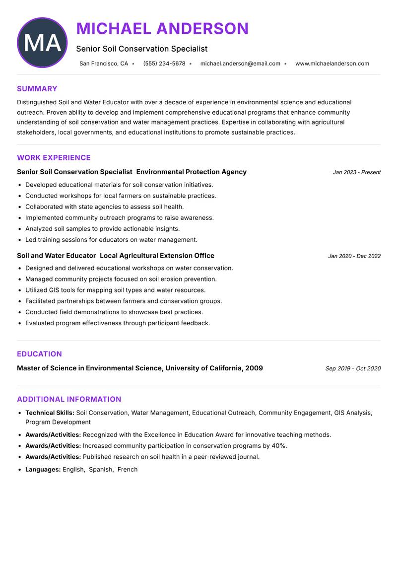 Soil and Water Educator resume example — ATS-friendly template