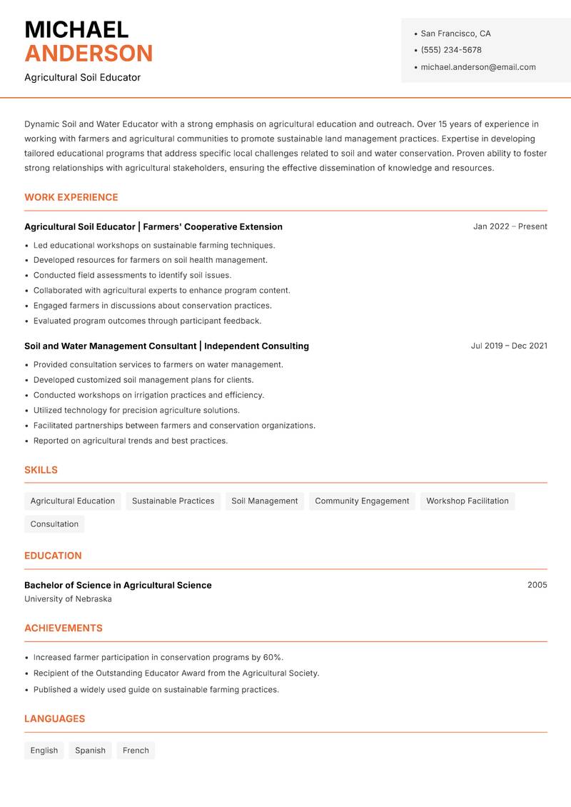 Soil and Water Educator resume template — Modern Professional