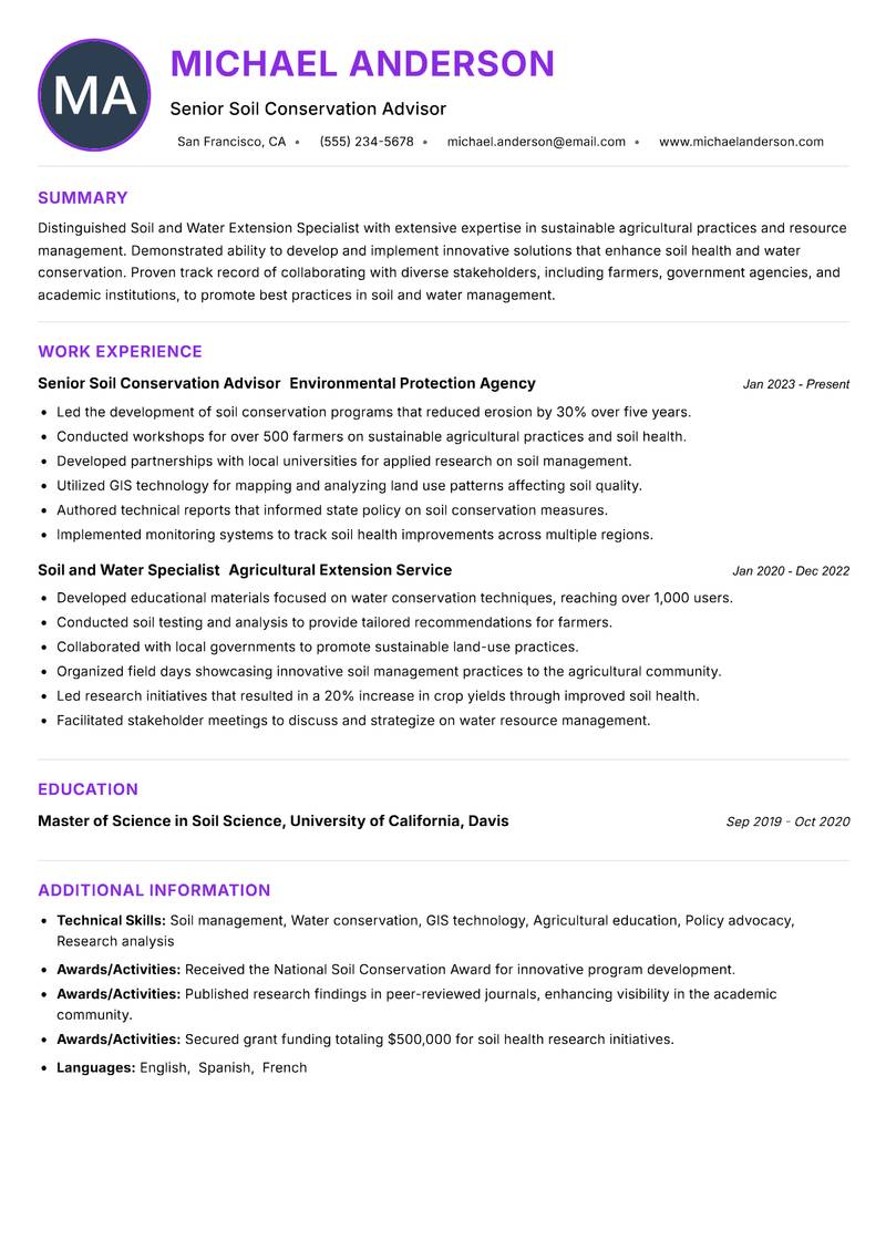 Soil and Water Extension Specialist resume example — ATS-friendly template