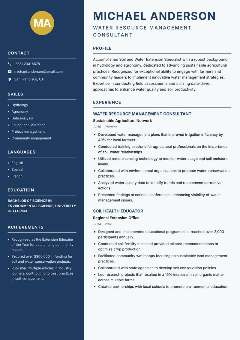 Soil and Water Extension Specialist resume template — Classic Clean