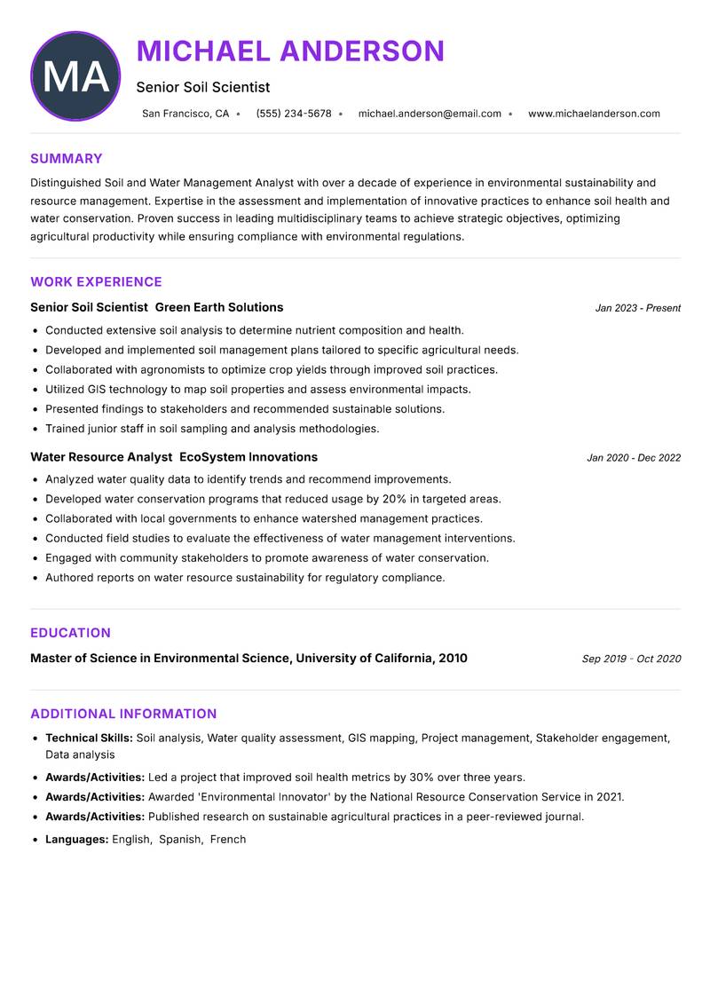 Soil and Water Management Analyst resume example — ATS-friendly template