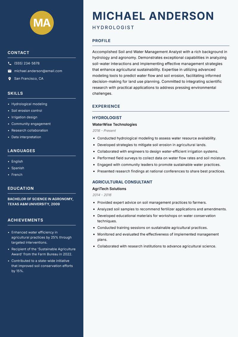 Soil and Water Management Analyst resume template — Classic Clean