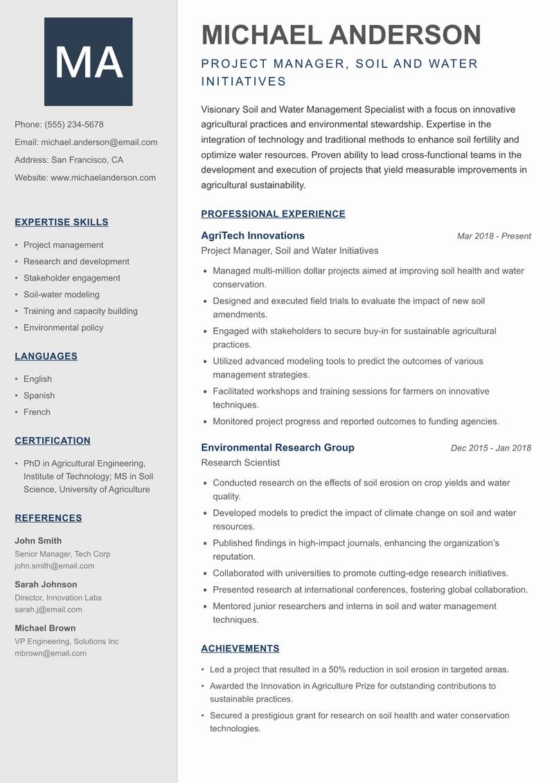 Soil and Water Management Specialist resume template — Creative Minimal