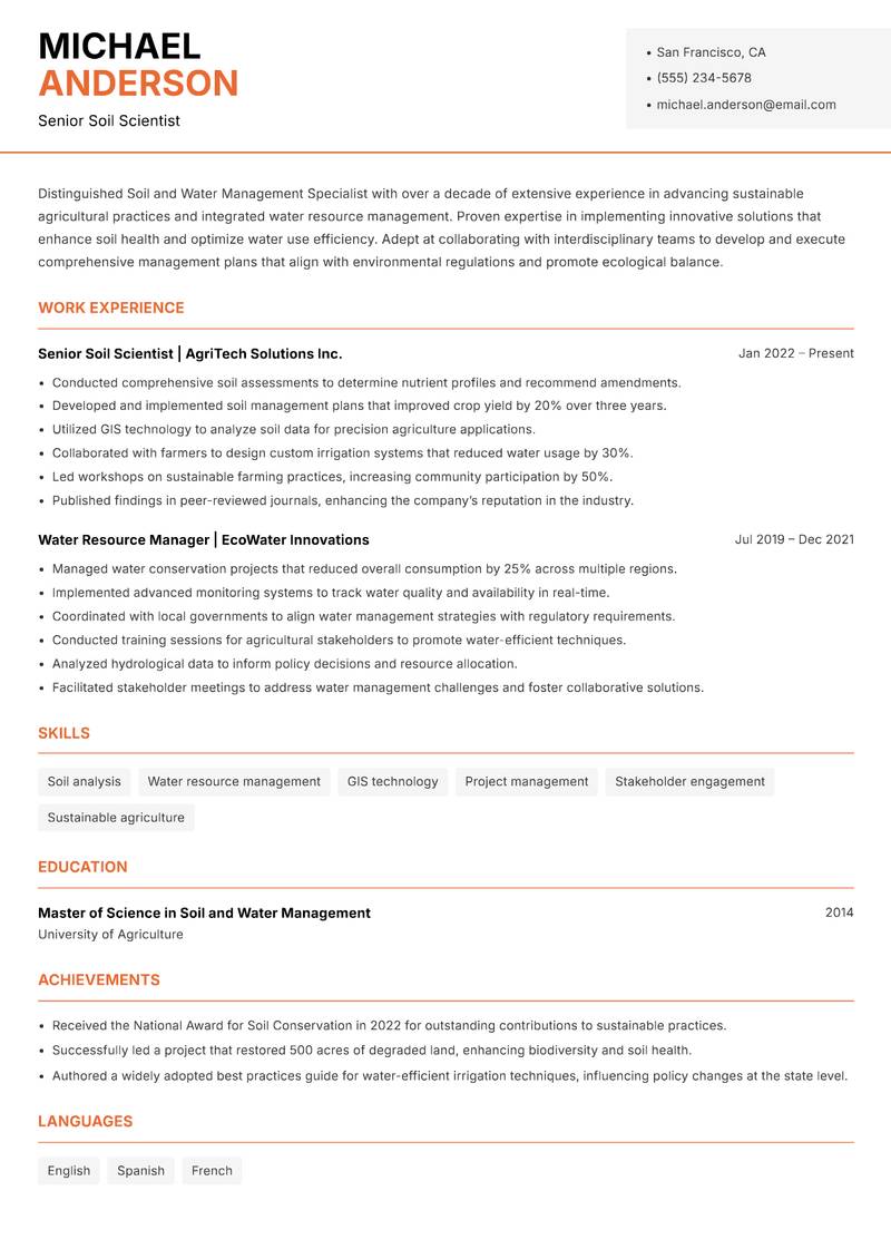 Soil and Water Management Specialist resume template — Modern Professional