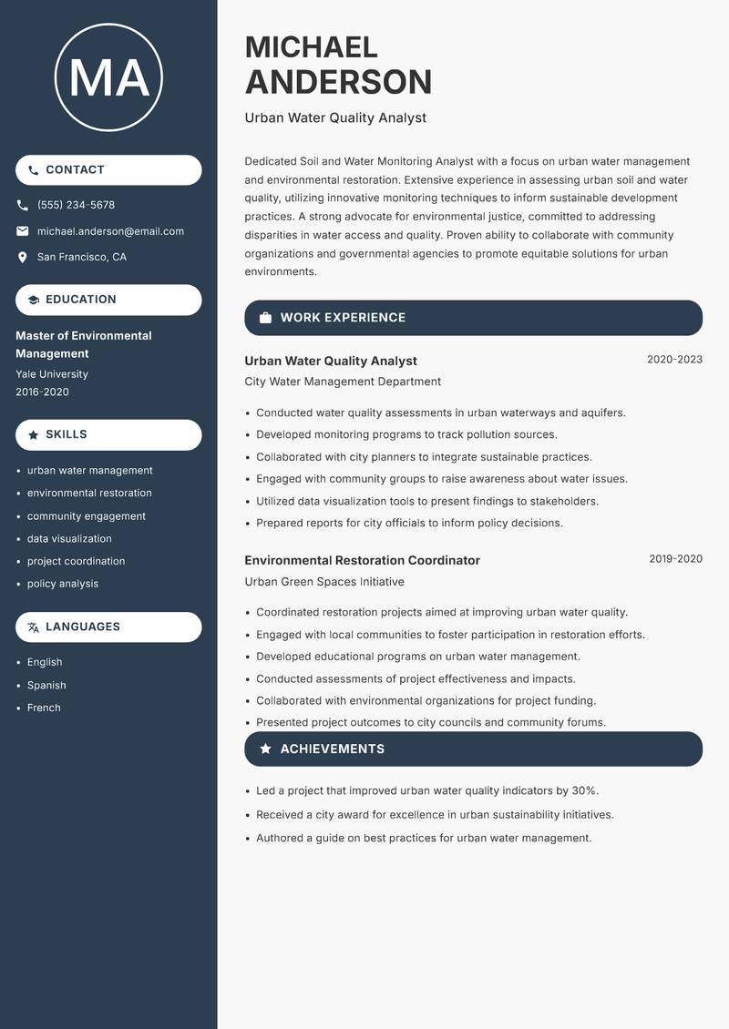 Soil and Water Monitoring Analyst resume template — Compact