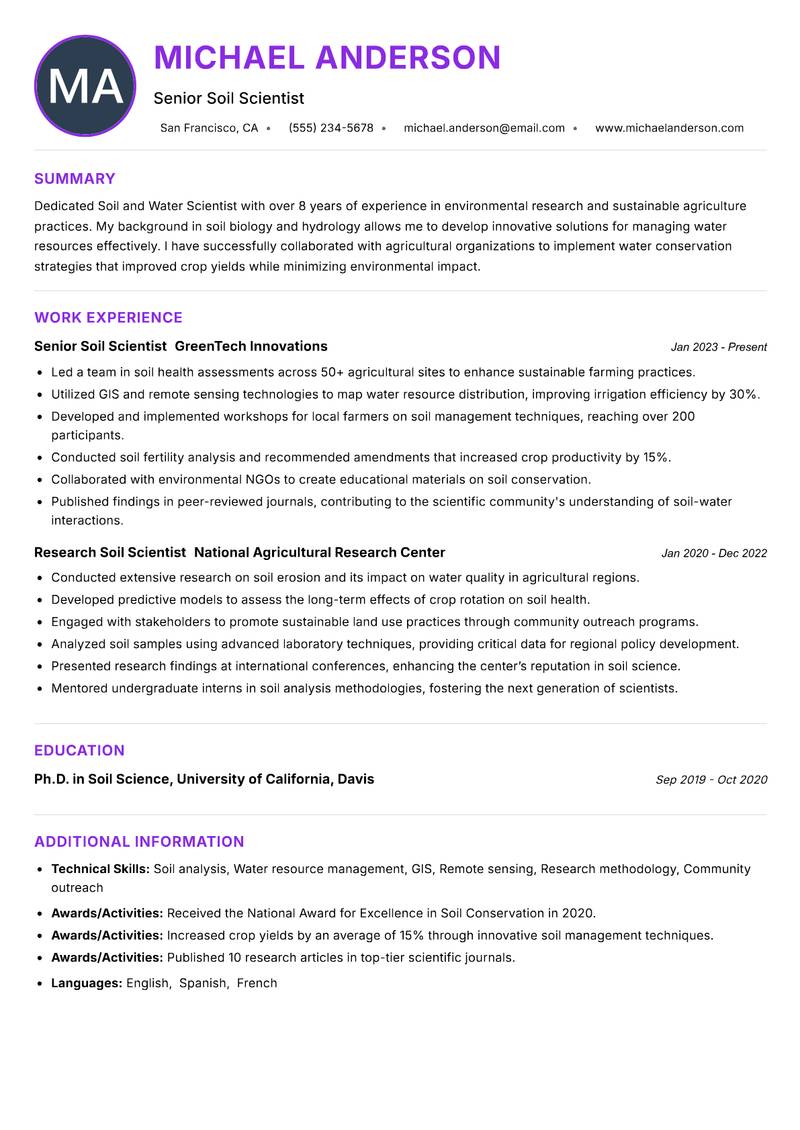 Soil and Water Scientist resume example — ATS-friendly template