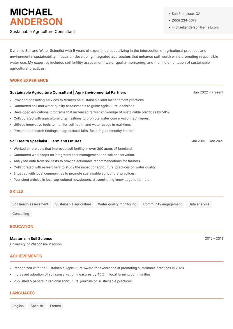 Soil and Water Scientist resume template — Modern Professional