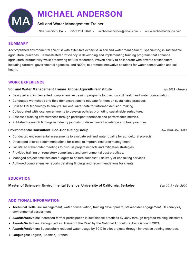 Soil and Water Trainer resume example — ATS-friendly template