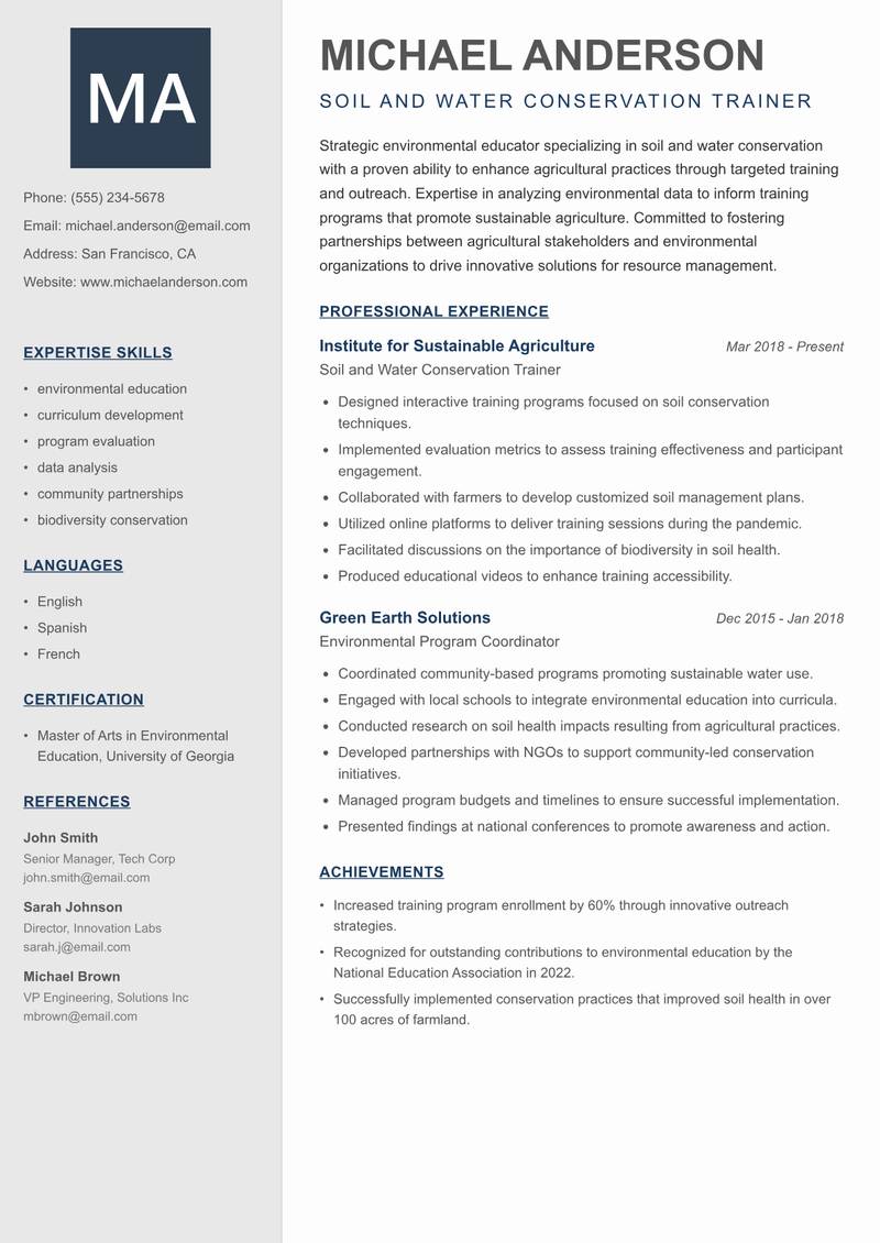 Soil and Water Trainer resume template — Creative Minimal