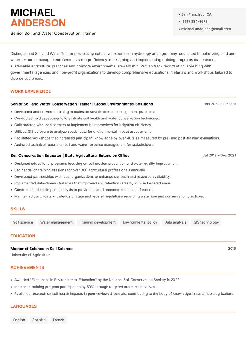 Soil and Water Trainer resume template — Modern Professional