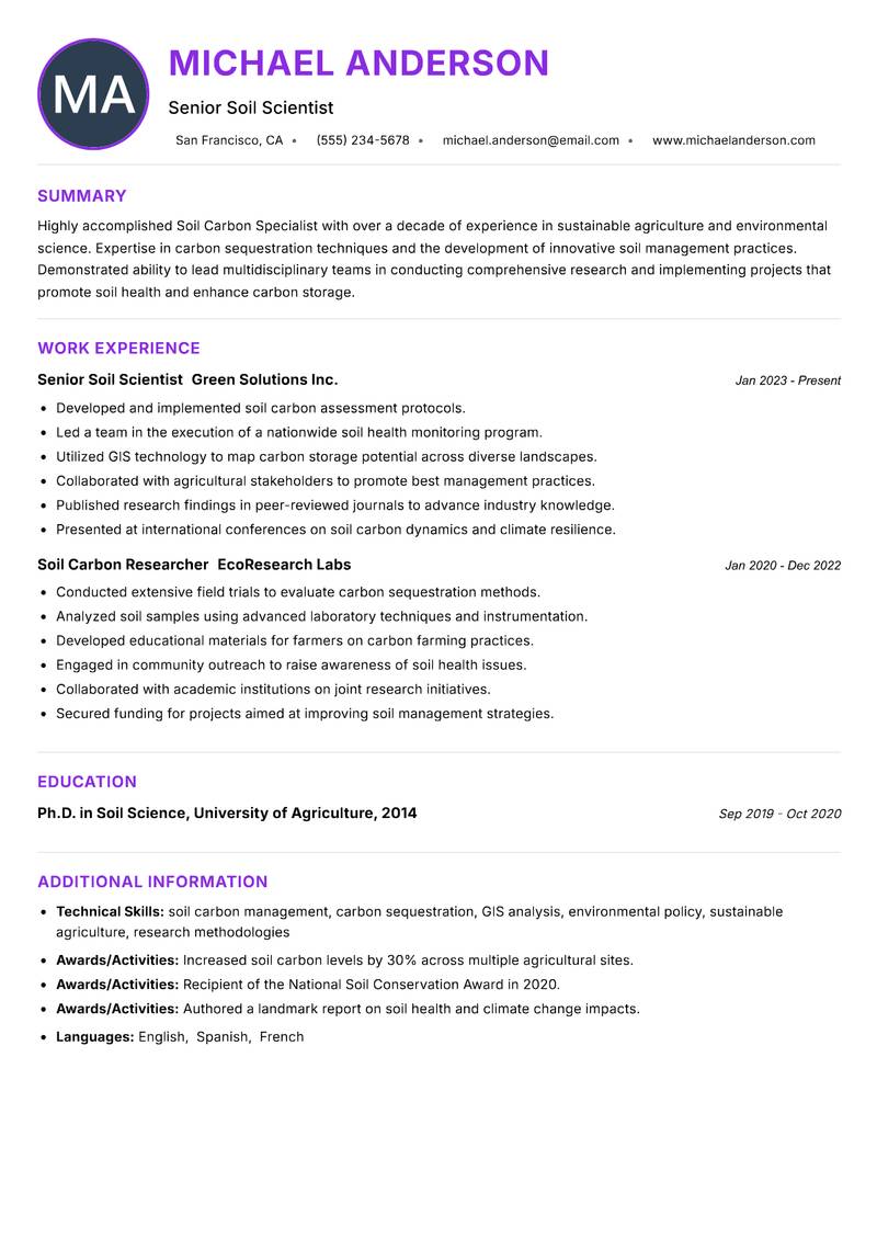 Soil Carbon Specialist resume example — ATS-friendly template