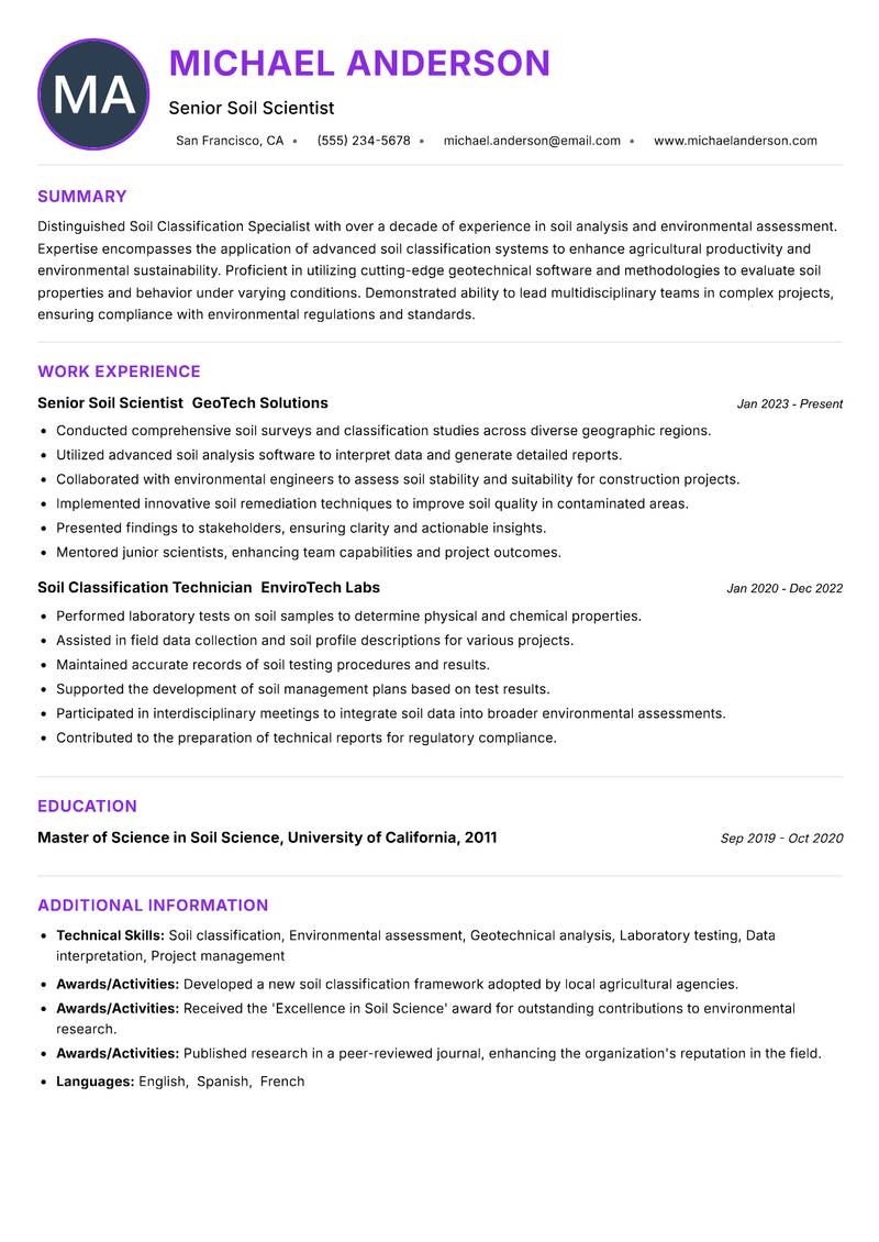 Soil Classification Specialist resume example — ATS-friendly template