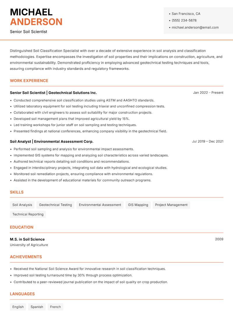Soil Classification Specialist resume template — Modern Professional