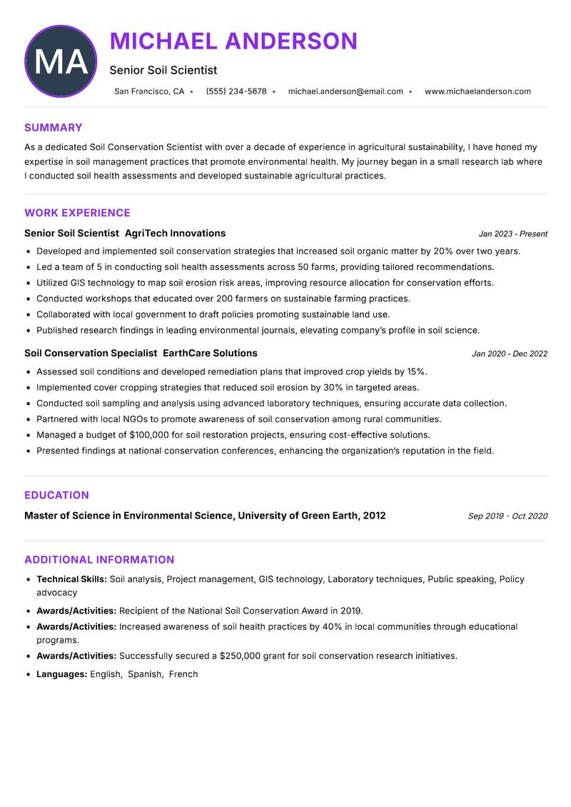 Soil Conservation Scientist resume example — ATS-friendly template