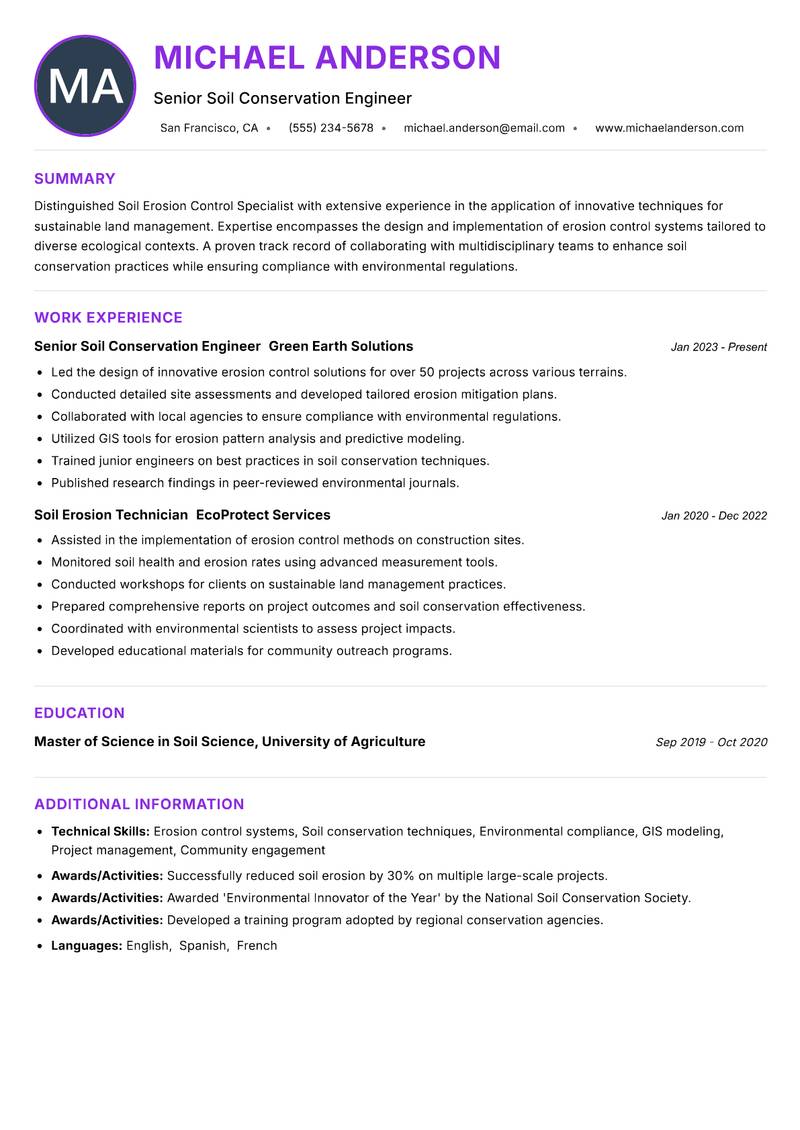 Soil Erosion Control Specialist resume example — ATS-friendly template
