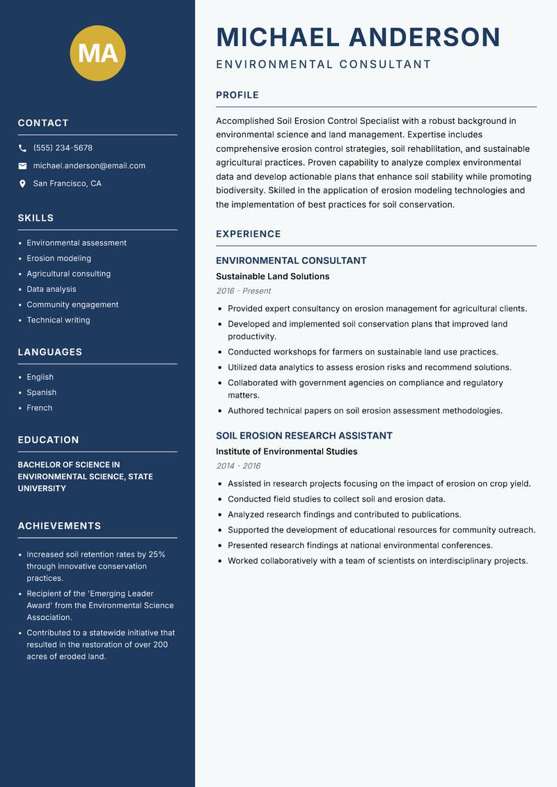 Soil Erosion Control Specialist resume template — Classic Clean