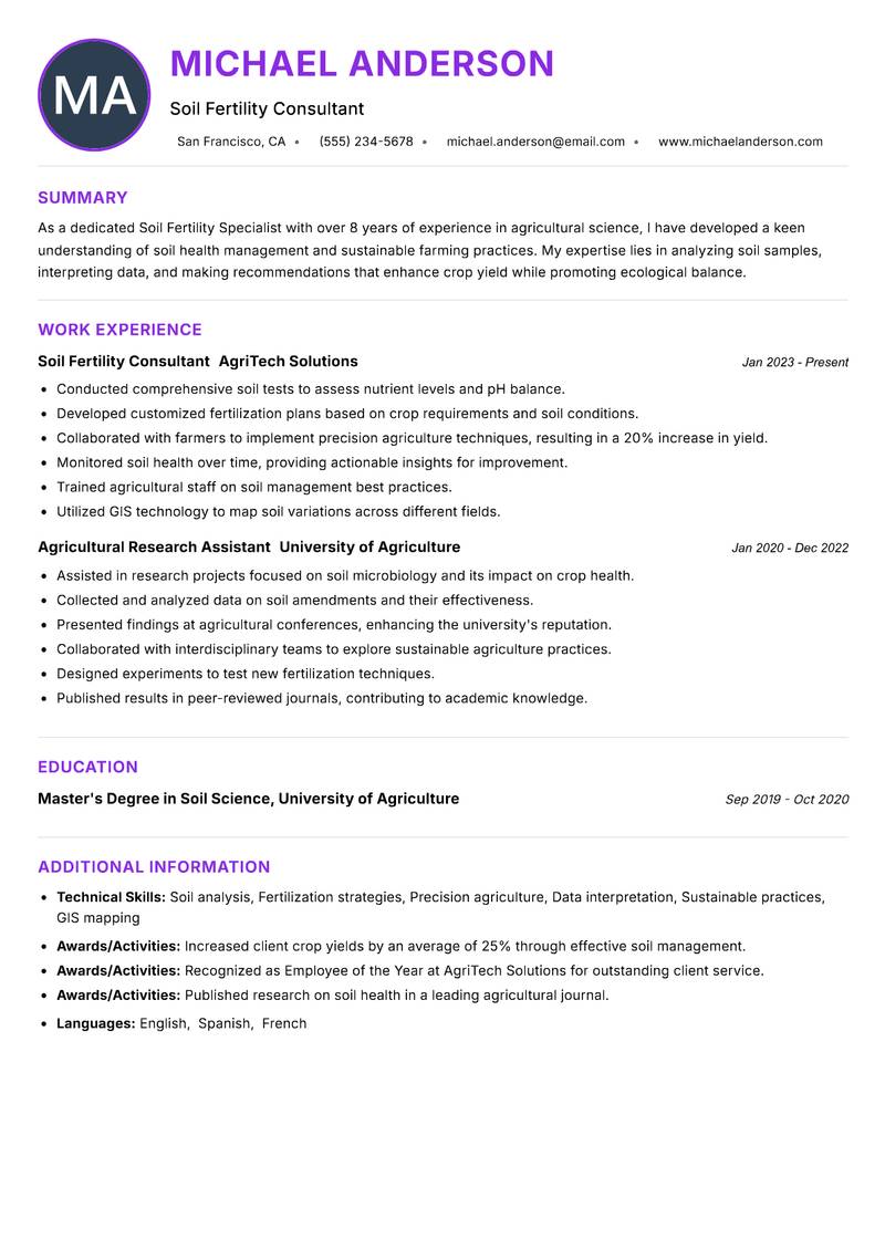 Soil Fertility Specialist resume example — ATS-friendly template