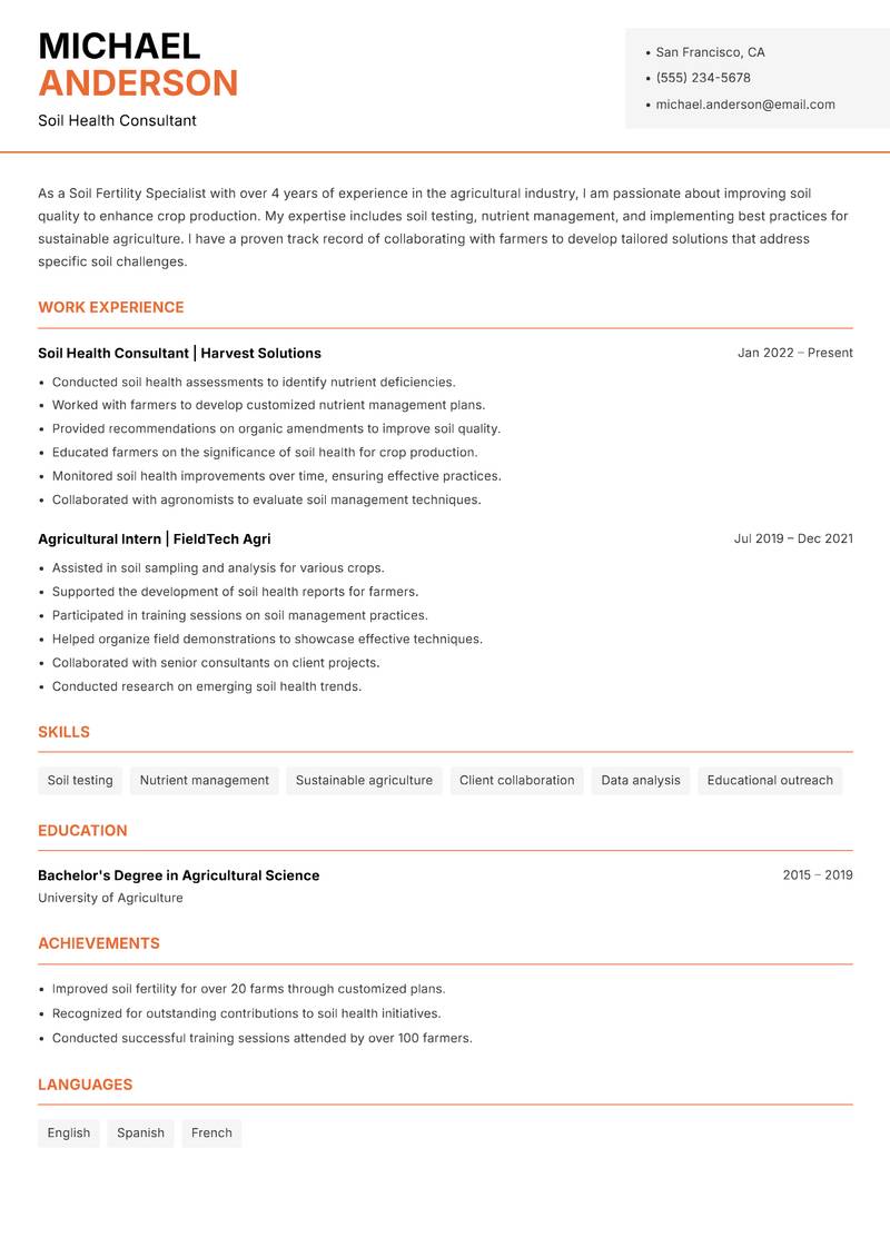 Soil Fertility Specialist resume template — Modern Professional