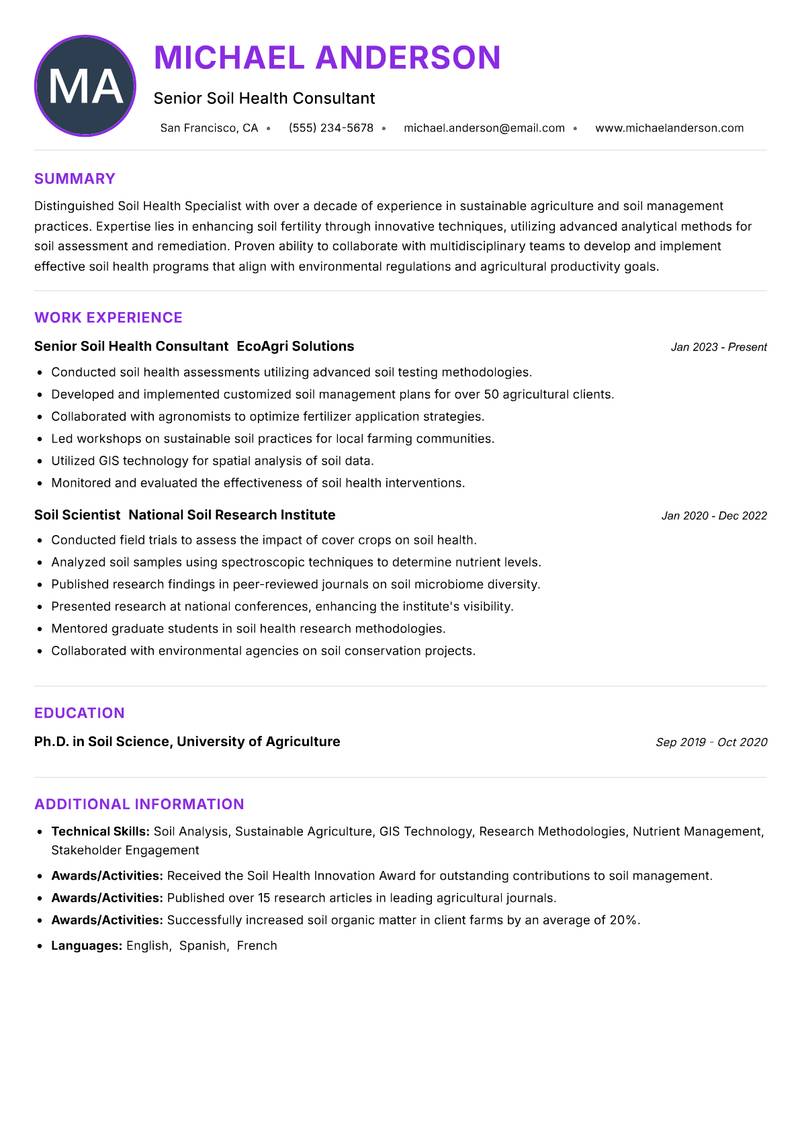 Soil Health Specialist resume example — ATS-friendly template