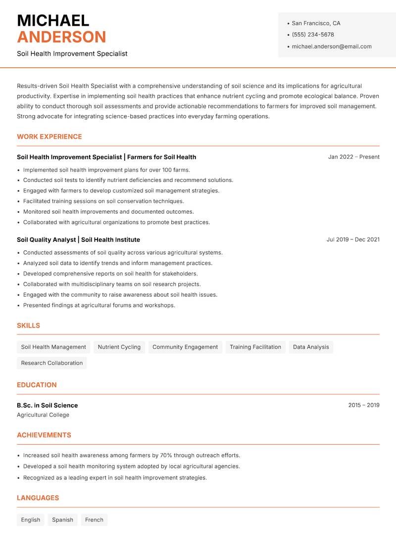Soil Health Specialist resume template — Modern Professional