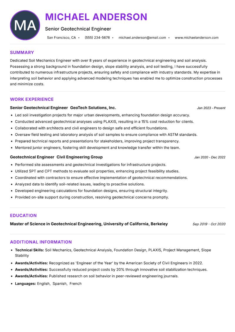 Soil Mechanics Engineer resume example — ATS-friendly template