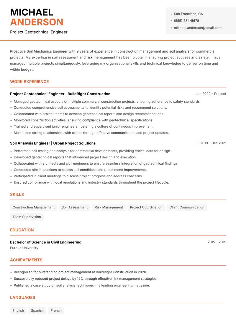 Soil Mechanics Engineer resume template — Modern Professional
