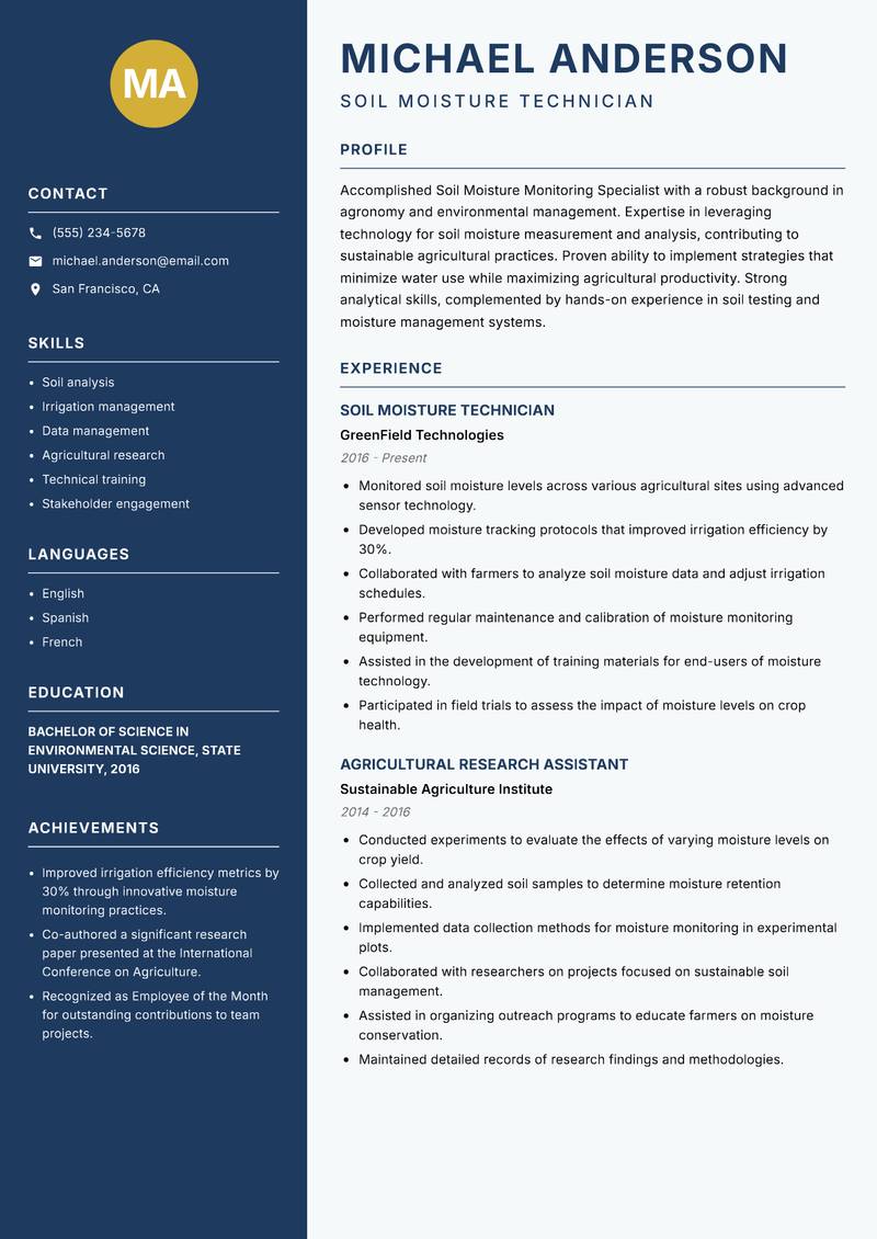 Soil Moisture Monitoring Specialist resume template — Classic Clean