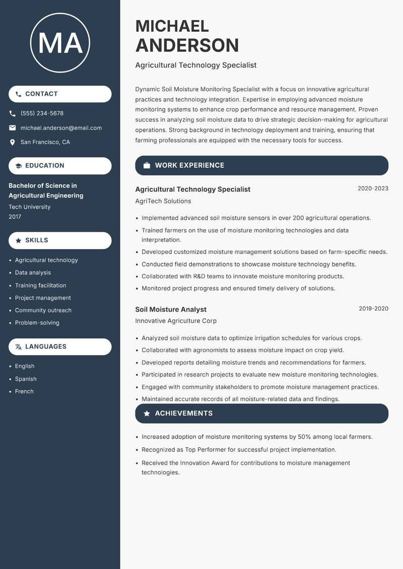 Soil Moisture Monitoring Specialist resume template — Compact