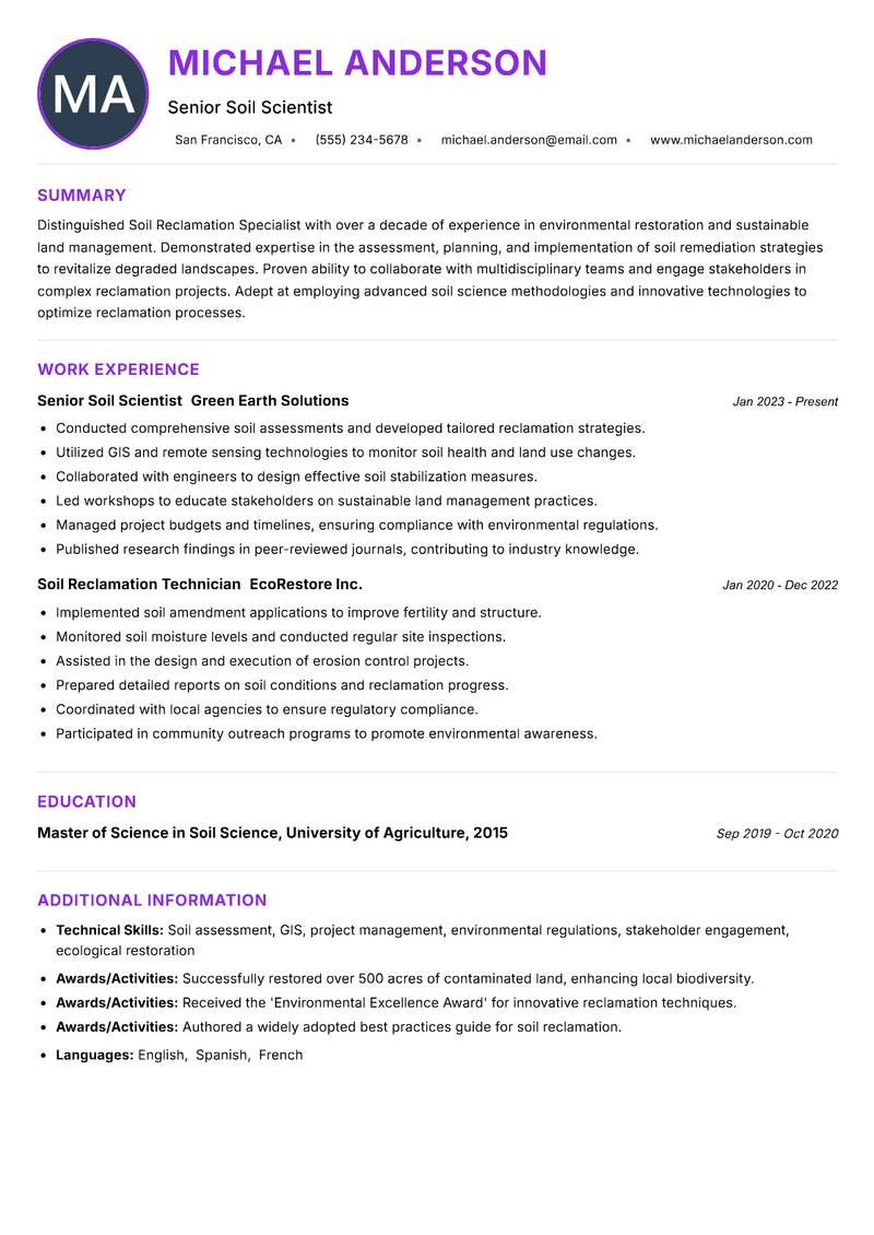 Soil Reclamation Specialist resume example — ATS-friendly template