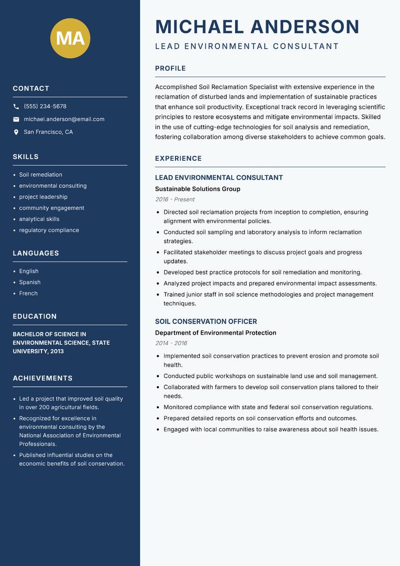 Soil Reclamation Specialist resume template — Classic Clean