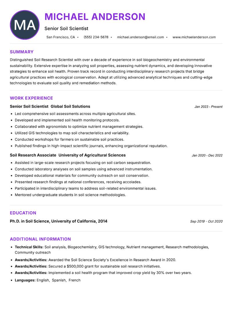 Soil Research Scientist resume example — ATS-friendly template