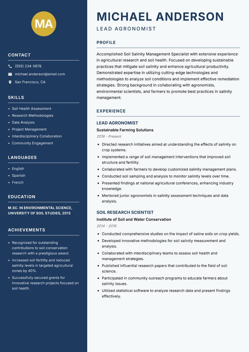 Soil Salinity Management Specialist resume template — Classic Clean